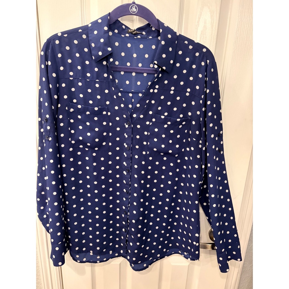 Express Portofino Shirt Navy Blue Polka Dot Roll Tab Sleeve Blouse Workwear